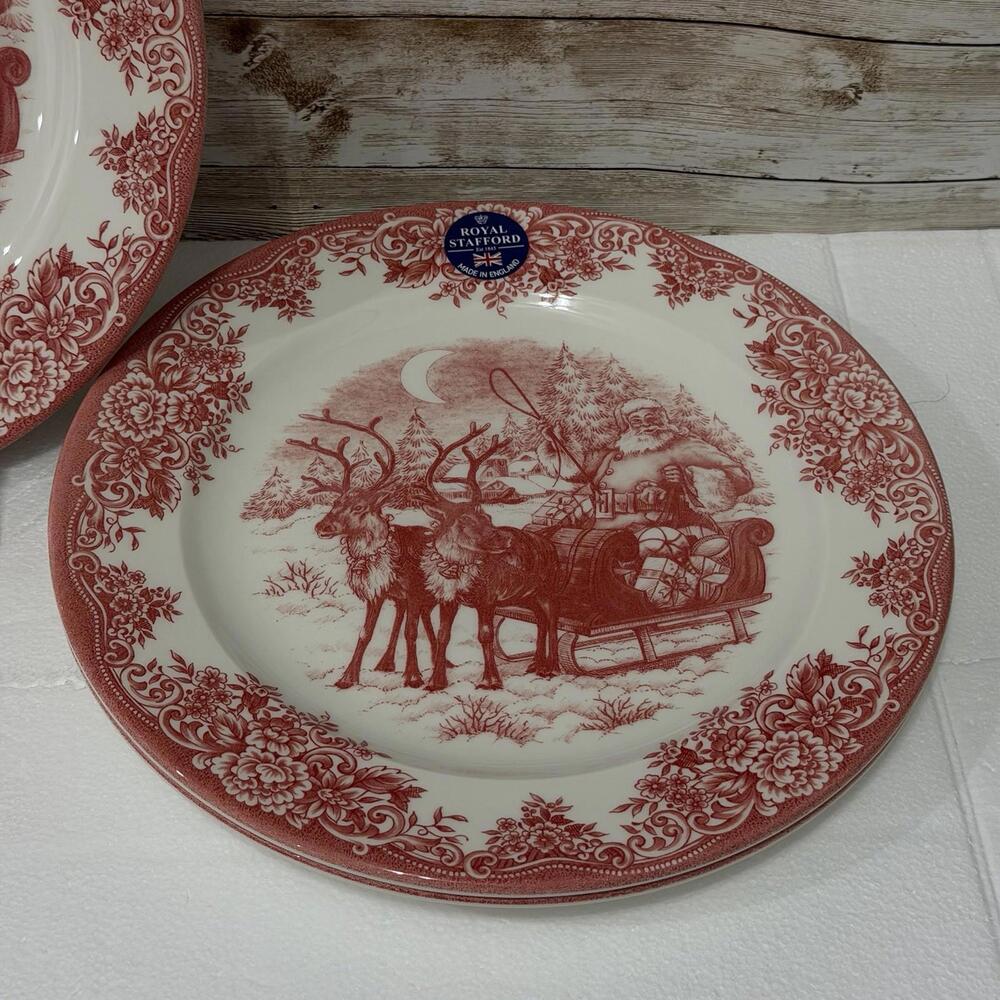 Royal Stafford Santa’s Sleigh Red Christmas Salad Plates 8” Set of 4 - Picture 3 of 6